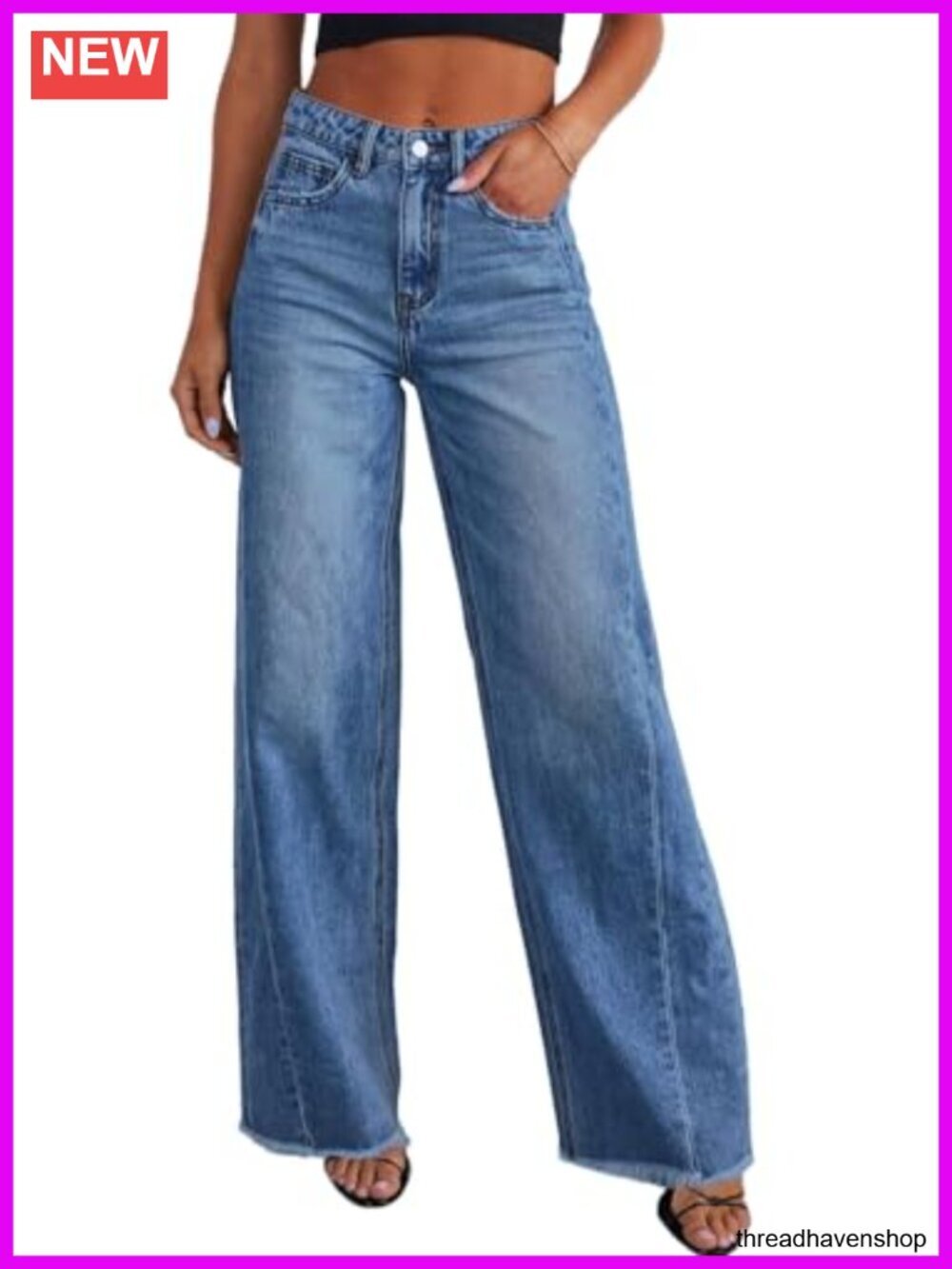 Wide Leg Jeans High Waisted Stretchy Raw Hem Baggy Boyfriend Fit Denim Pants